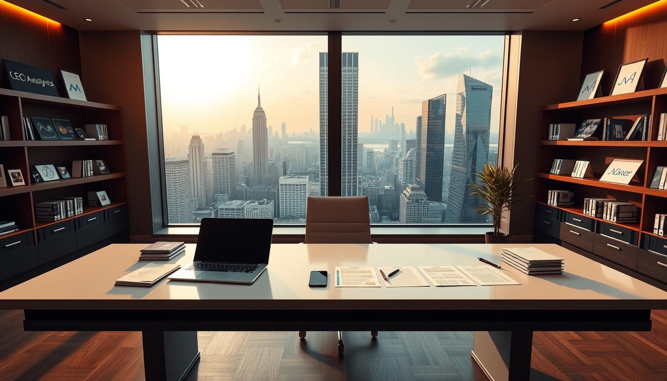 A sleek and modern office interior with a large desk featuring a laptop, smartphone, and neatly organized paperwork. The desk is flanked by shelves displaying various business analytics and customer relationship management software. The room is bathed in warm, directional lighting, creating a productive and professional atmosphere. In the background, a panoramic window offers a view of a bustling cityscape, symbolizing the reach and scale of the lead distribution software. The overall composition conveys efficiency, sophistication, and the seamless integration of technology in modern business operations.