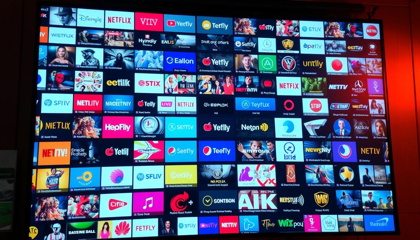 A vibrant and expansive array of IPTV channels cascading across a large screen, showcasing the breadth of content available. The channels are presented in a dynamic, eye-catching layout, with a variety of genres and languages represented. The screen is bathed in a warm, cinematic lighting, creating a sense of depth and immersion. The overall composition conveys the idea of a rich, diverse, and easily accessible IPTV experience, catering to a wide range of viewer preferences.