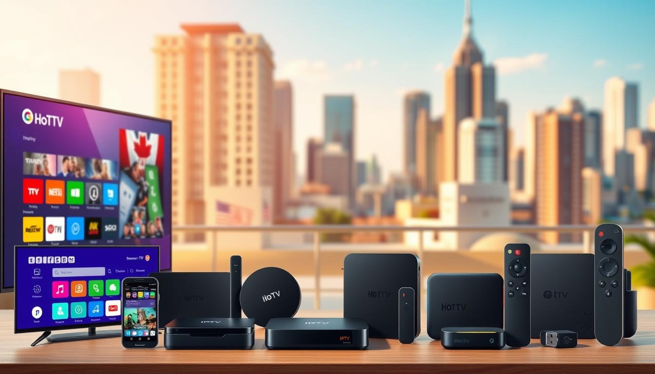 A vibrant, detailed illustration showcasing a variety of compatible IPTV applications and devices. In the foreground, various smart TV interfaces, mobile apps, and streaming boxes are prominently displayed, each with clear icons and intuitive user interfaces. The middle ground features a range of modern, sleek hardware devices such as Android TV boxes, HDMI dongles, and voice-controlled remote controls. In the background, a softly blurred cityscape provides a contemporary urban setting, hinting at the versatility of these IPTV solutions across different living environments. The overall scene is bathed in warm, natural lighting, conveying a sense of accessibility and ease of use for the featured IPTV technologies.