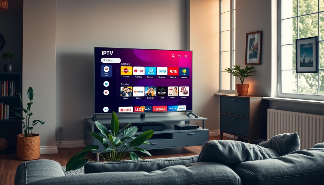A cozy living room with a smart TV screen prominently displayed, showcasing a vibrant IPTV interface with a selection of popular channels. The TV is situated on a modern, minimalist TV stand, with a plush gray sofa and a lush potted plant in the foreground. Warm, diffused lighting filters through large windows, creating a welcoming atmosphere. In the background, a bookshelf and framed artwork suggest a comfortable, homely setting. The overall scene conveys the ease and convenience of accessing a free IPTV trial in Spain, ready to immerse the viewer in a world of online entertainment.