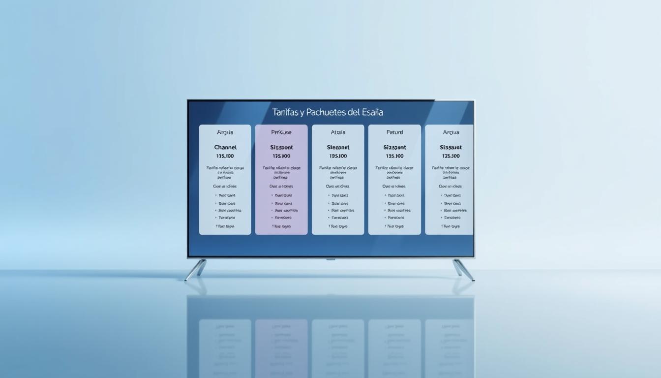 A modern, minimalist presentation of IPTV subscription packages for Spain. Centered on a sleek, glossy display showcasing various pricing tiers and service plans. The background is a soft, muted gradient in shades of blue, conveying a sense of digital technology and connectivity. The plan details are presented in a clean, easy-to-read typographic layout, emphasizing key information like monthly costs, channel selections, and feature highlights. Subtle reflections and lighting effects add depth and sophistication to the scene. The overall mood is professional, informative, and visually appealing, perfectly suited to illustrate the "Tarifas y Paquetes de IPTV España" section of the article.