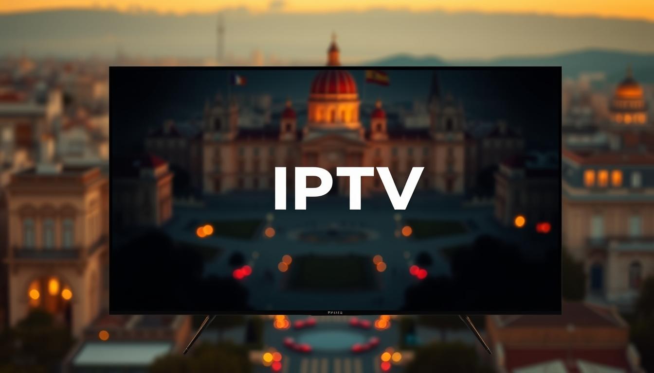 Inspired by the vibrant culture of Spain, a high-quality IPTV service prominently displayed in the center of the frame. Sleek, modern design with minimal branding, conveying a sense of sophistication and reliability. The background is a soft, blurred cityscape of Madrid, with iconic landmarks like the Palacio Real subtly visible. Warm, golden lighting creates a inviting, premium atmosphere, highlighting the service's ability to provide seamless access to a vast array of Spanish television channels. Depth of field draws the viewer's focus to the IPTV offering, emphasizing its centrality as the premier solution for enjoying limitless Spanish entertainment in 2025.
