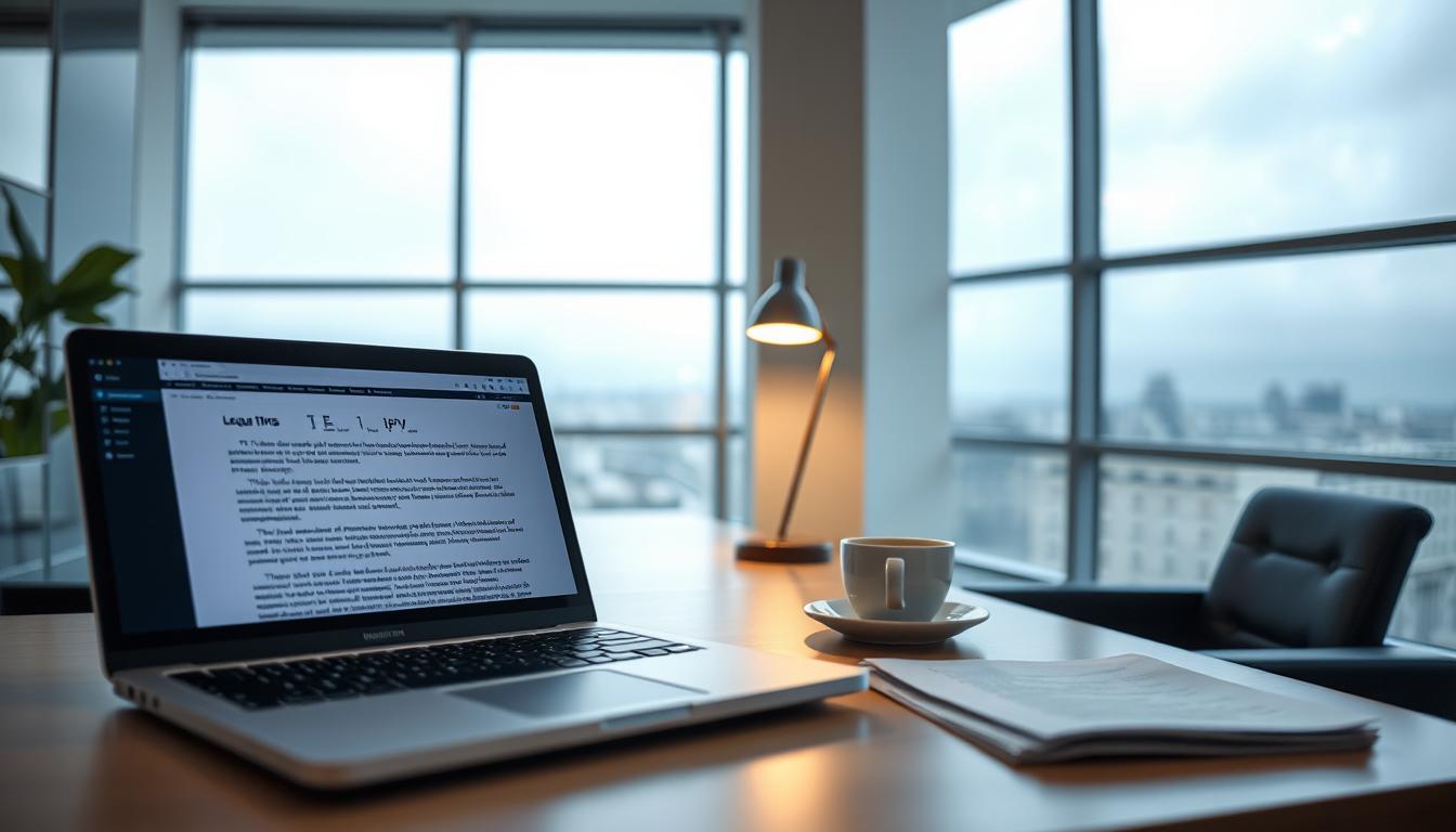 A modern, well-lit office setting with a sleek, minimalist design. In the foreground, a laptop displaying various legal documents related to IPTV in Spain, its screen casting a soft glow. In the middle ground, a table with a stylish desk lamp and a cup of coffee, suggesting a professional and focused atmosphere. The background features large windows overlooking a cityscape, hinting at the broader legal landscape surrounding the IPTV industry in Spain. The overall tone is one of authority, legality, and attention to detail, befitting the subject matter.