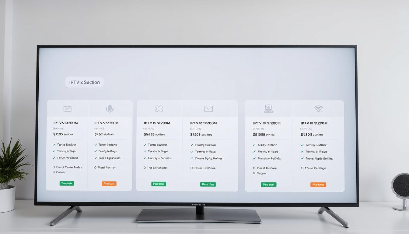 A modern digital display showcasing a range of IPTV subscription plans and pricing options, set against a clean, minimalist background. The foreground features crisp, neatly-arranged tiles detailing different service tiers, their features, and monthly costs in a clear, easy-to-digest layout. The middle ground holds subtle icons and graphics complementing the plan details. The background maintains a soft, slightly blurred effect, drawing focus to the prominent plan information. The overall aesthetic conveys a sense of professionalism, accessibility, and a tailored solution for the viewer's streaming needs.