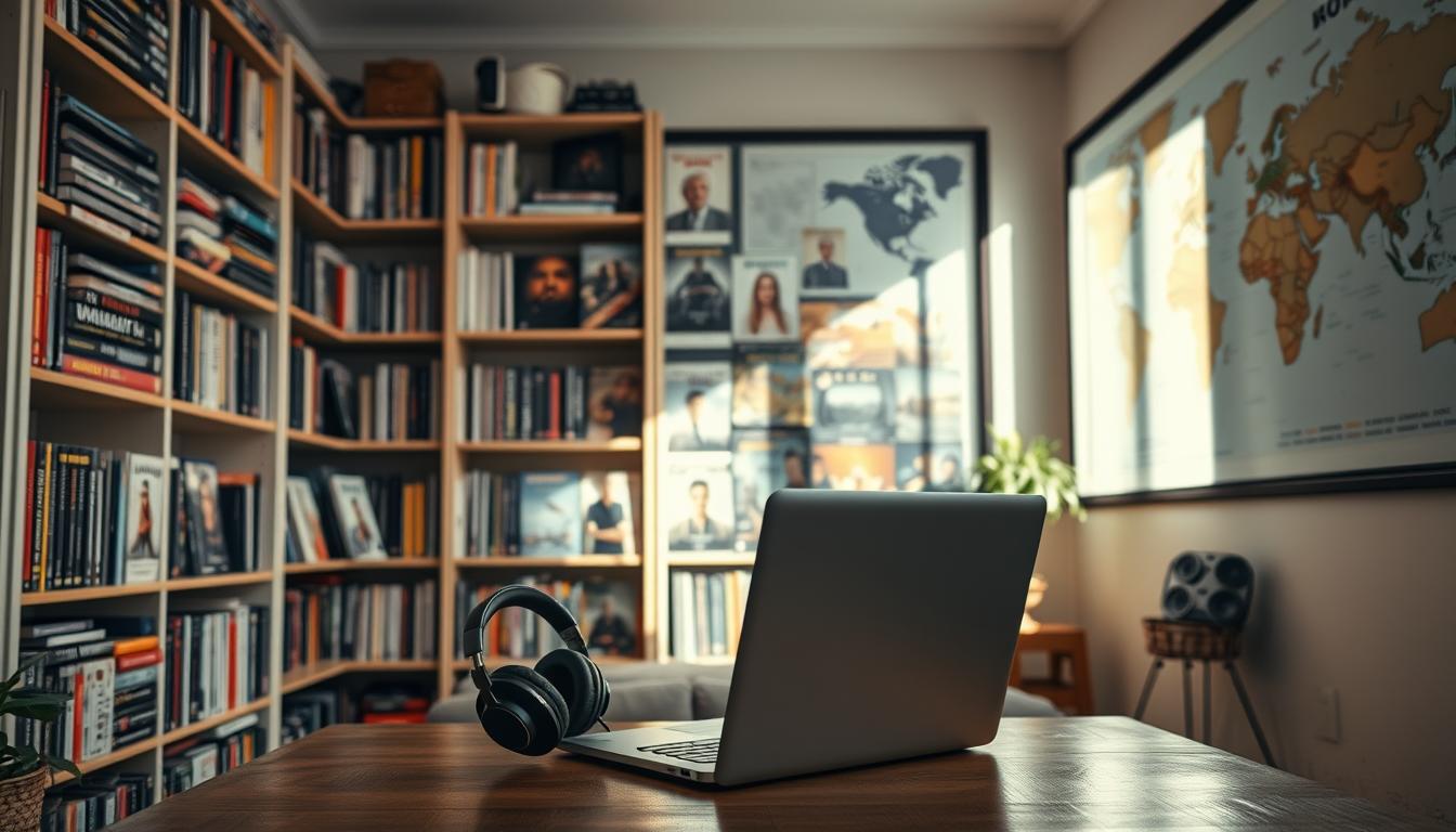 A cozy room with natural lighting, shelves lined with foreign language books and movie/TV show cases. In the foreground, a laptop and high-quality headphones sit on a wooden table, ready for language learning sessions. Soft, warm tones create an inviting atmosphere, conveying the comfort and focus needed for effective language practice through media. The middle ground features a collection of international movie and TV show covers, hinting at the endless possibilities for immersive learning. Lastly, the background shows a large, framed world map, symbolizing the global reach and cultural diversity that can be explored through this approach to language mastery.