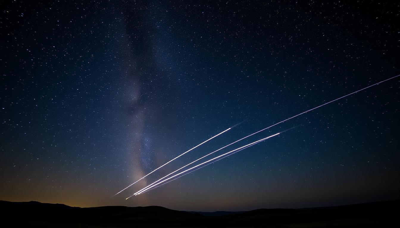 A starry night sky, the Milky Way stretching overhead. In the foreground, a serene landscape with rolling hills or a tranquil lake. Suddenly, brilliant streaks of light pierce the darkness as a meteor shower erupts, captured by a skilled photographer using a wide-angle lens and a long exposure. The shutter remains open, allowing the meteors to create dynamic, ephemeral trails across the frame. The image conveys a sense of awe and wonder at the cosmic spectacle unfolding above, with the photographer's technical mastery bringing the celestial event to life.