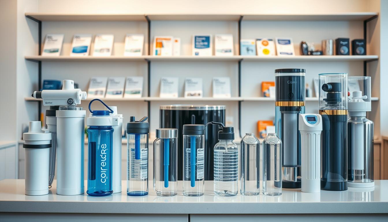 A clean, well-lit indoor scene showcasing a diverse array of water filtration systems. In the foreground, a countertop arrangement featuring various portable filters, purifiers, and water bottles with integrated filtration. The middle ground highlights larger freestanding units, with transparent casings revealing their intricate mechanics. In the background, shelves display a selection of informative water treatment manuals and accessories. The overall mood is one of functionality and technical precision, with a touch of modern aesthetic. Soft, directional lighting accentuates the forms and textures of the filtration equipment, creating a sense of clarity and attention to detail.