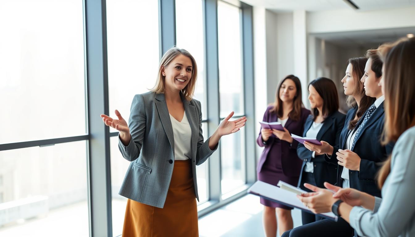 A professional woman wearing a blazer and skirt, standing in a modern office setting, gesturing and speaking animatedly while leading a small group discussion on communication skills. The scene is well-lit with natural light streaming in from large windows, creating a warm and inviting atmosphere. The participants are engaged and attentive, taking notes and nodding in understanding. The overall mood conveys a sense of collaboration, learning, and professional development.