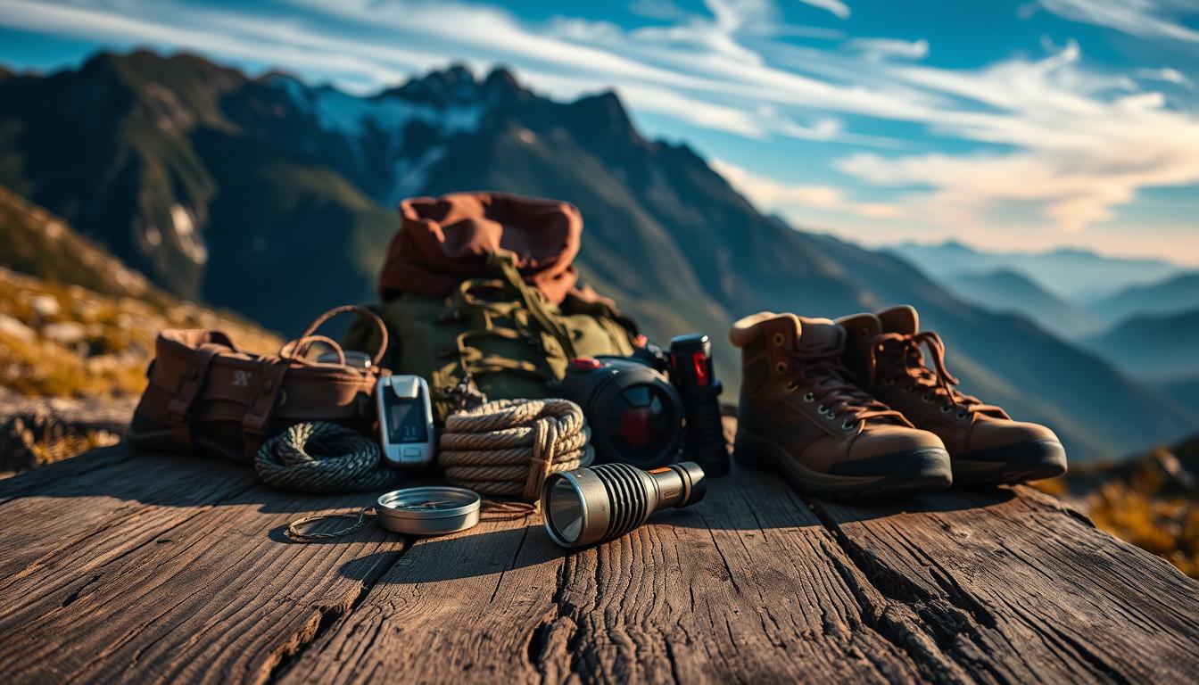 A rugged, weathered wooden table in the foreground, displaying an assortment of essential outdoor tools and equipment. In the middle ground, a well-worn backpack, hiking boots, and a compass lie next to a coiled rope and a flashlight. The background features a scenic mountain landscape with a deep blue sky and wispy clouds, illuminated by warm natural lighting. The overall atmosphere conveys a sense of adventure, preparedness, and the appreciation for the great outdoors.
