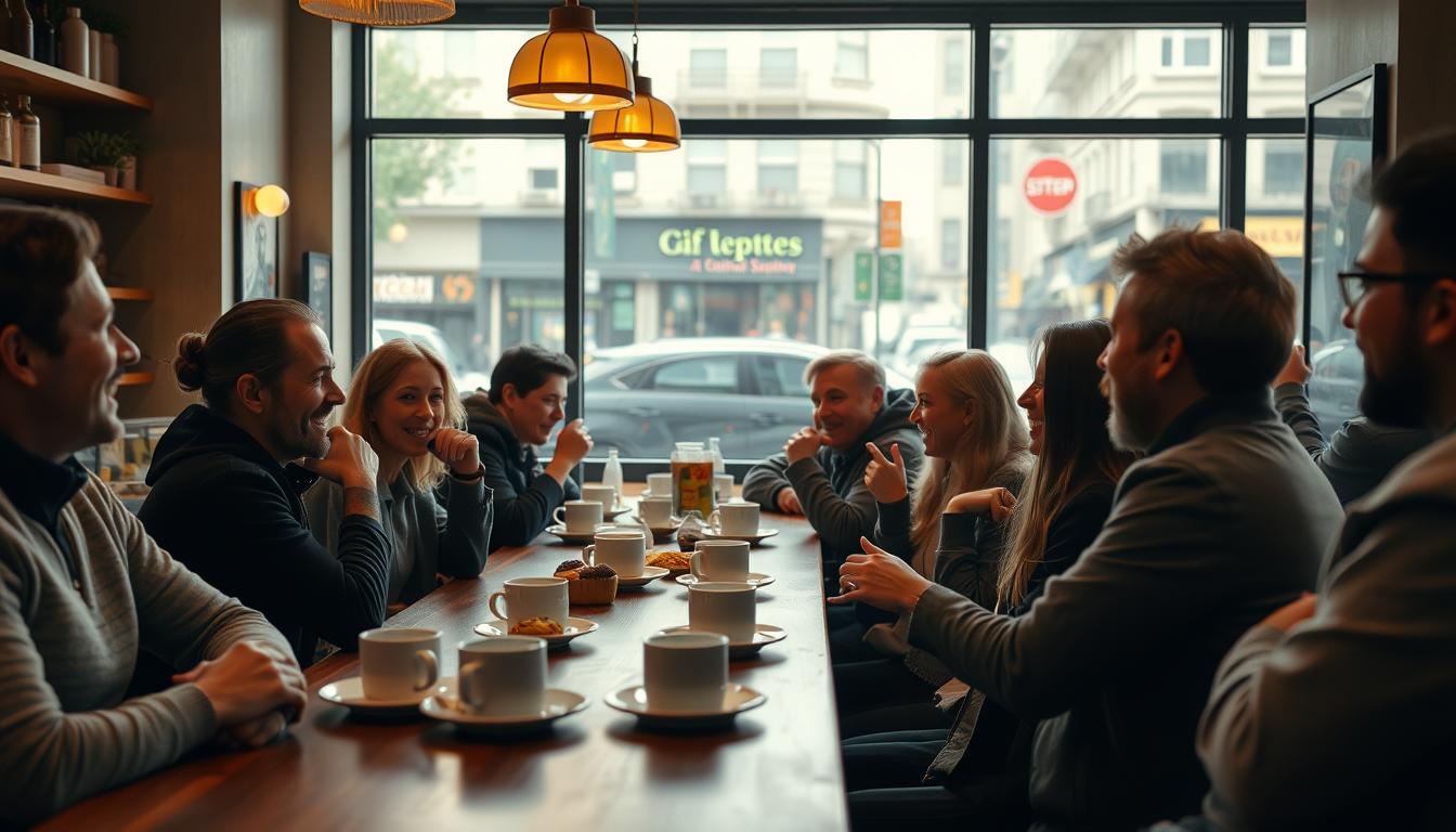 A cozy coffee shop interior, with a row of customers seated at a long wooden table, engaged in lively conversation. Soft lighting casts a warm glow, highlighting the animated expressions and gestures of the group. The tabletop is adorned with steaming mugs and plates of pastries, creating an inviting atmosphere. In the background, a large window frames a bustling city street, suggesting a sense of urban vibrancy. The overall scene conveys a sense of community, comfort, and genuine user experiences being shared.