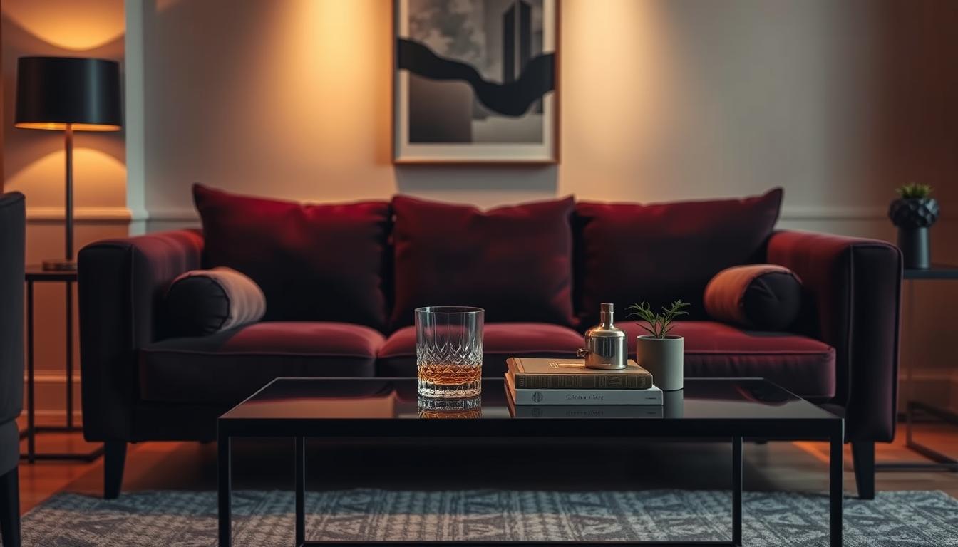 A cozy, sophisticated lounge setting with a plush, inviting sofa positioned in a warm, intimate atmosphere. The sofa is upholstered in a rich, velvety fabric, perhaps in a deep burgundy or navy hue. Soft, indirect lighting casts a gentle glow, creating a relaxed and indulgent ambiance. In the foreground, a sleek, contemporary coffee table stands, adorned with a few carefully curated décor items, such as a crystal tumbler, a leather-bound book, and a small potted plant. The walls are adorned with minimalist, abstract artwork, adding a touch of elegance to the space. The overall mood is one of understated luxury, where one can imagine leisurely sipping a fine whiskey or indulging in a moment of quiet contemplation.