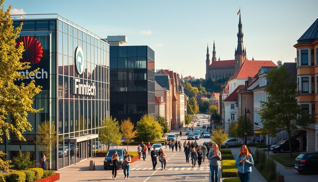 A vibrant cityscape of Riga, the capital of Latvia, showcasing the latest advancements in fintech. In the foreground, a sleek, modern office building with a prominent fintech logo adorns the facade, surrounded by lush greenery and contemporary architecture. The middle ground features a bustling street with people using their mobile devices, hinting at the adoption of digital financial services. In the background, the iconic Latvian landmarks, such as the Riga Castle and the Old Town, create a harmonious blend of traditional and innovative elements. The scene is bathed in warm, golden light, conveying a sense of progress and prosperity within the fintech industry in Latvia. The overall atmosphere exudes a dynamic, forward-thinking, and technologically advanced vibe.