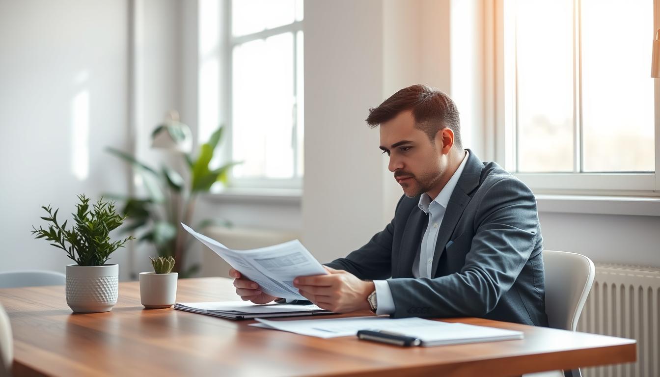 A serene, minimalist office setting with a wooden desk, a potted plant, and a thoughtful businessman reviewing financial documents. Soft natural lighting filters through large windows, casting gentle shadows. The businessman's expression conveys careful consideration as he navigates the complexities of risk management in investment decisions. The background is subtly blurred, emphasizing the focus on the subject matter. A sense of order and structure permeates the scene, reflecting the systematic approach to investment risk oversight.