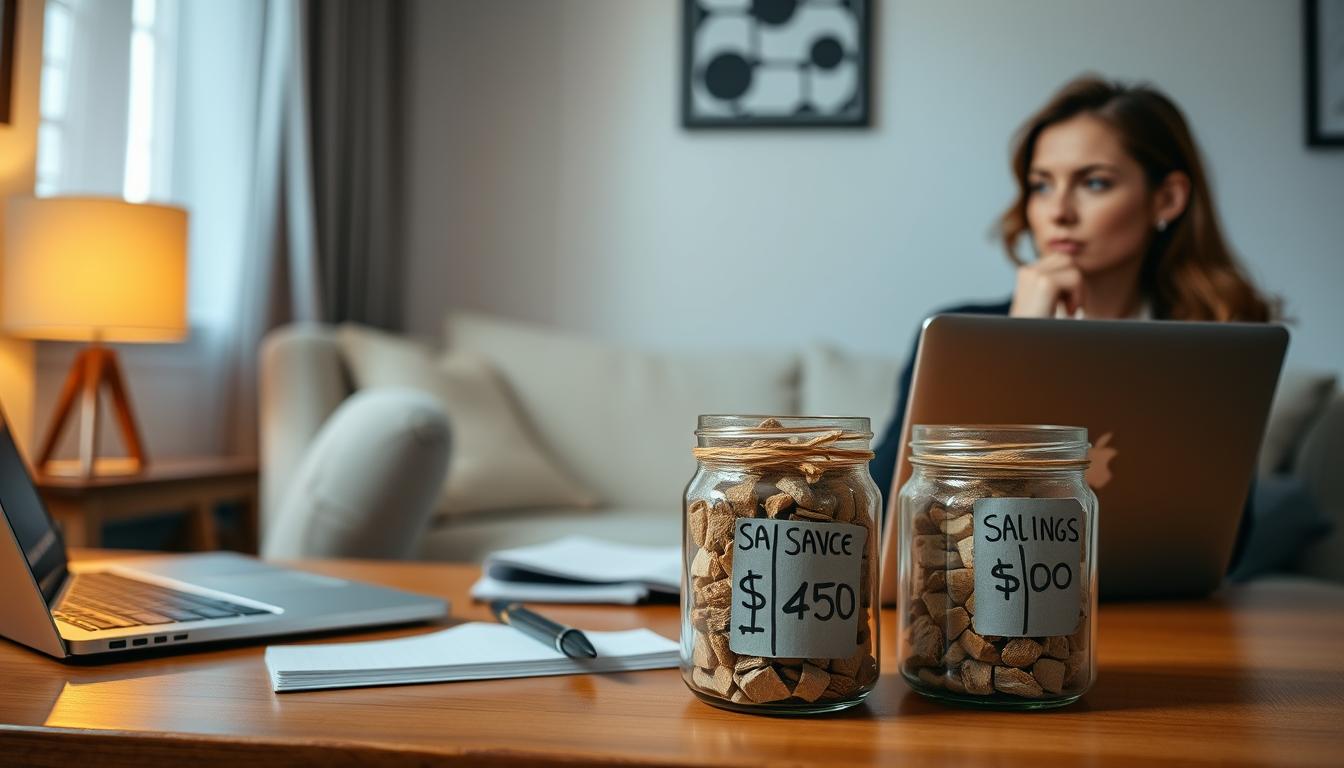 A cozy home office setting with a laptop, pen, and notepad on a wooden desk. Warm, soft lighting illuminates the scene, creating a focused, productive atmosphere. In the foreground, a stack of savings jars labeled with different monetary amounts, representing the user's emergency fund savings goal. The mid-ground features a thoughtful individual contemplating their finances, with a hint of concern in their expression. The background depicts a serene, minimalist room, emphasizing the importance of financial planning and stability. The overall composition conveys a sense of planning, determination, and financial responsibility.