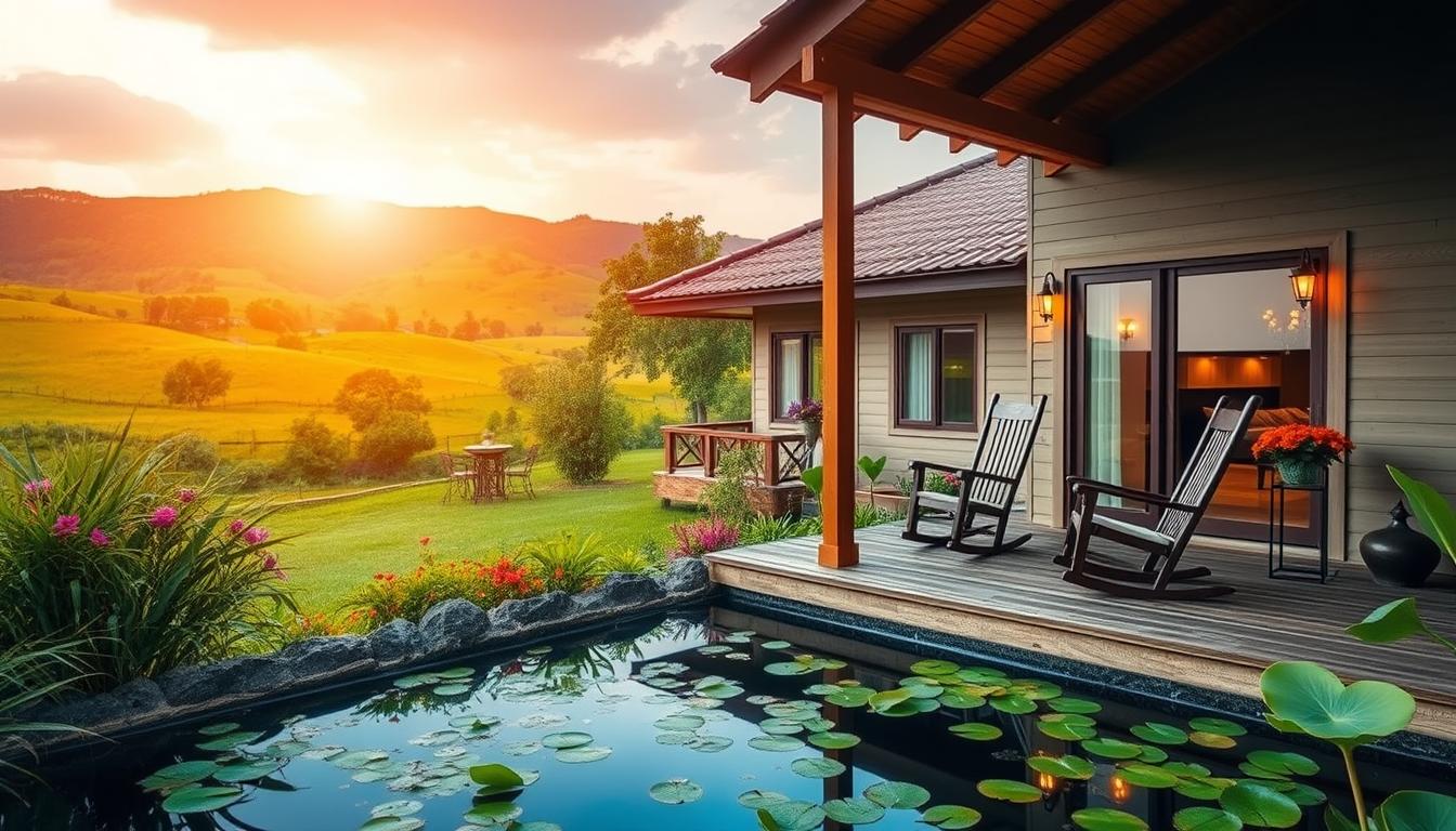 A cozy, well-appointed retirement home nestled in the rolling hills of the Thai countryside. A modern, single-story structure with a low-pitched tile roof and large windows that invite natural light. The home is surrounded by lush, meticulously landscaped gardens with vibrant, tropical flora. In the foreground, a serene pond reflects the tranquil scene, its surface dotted with lily pads. A wooden porch with comfortable rocking chairs overlooks the picturesque landscape. Warm, soft lighting from sconces casts a gentle glow, creating an atmosphere of relaxation and contentment. The scene conveys a sense of peace, security, and the fulfillment of a lifetime of hard work, perfectly capturing the essence of a secure and comfortable retirement in Thailand.
