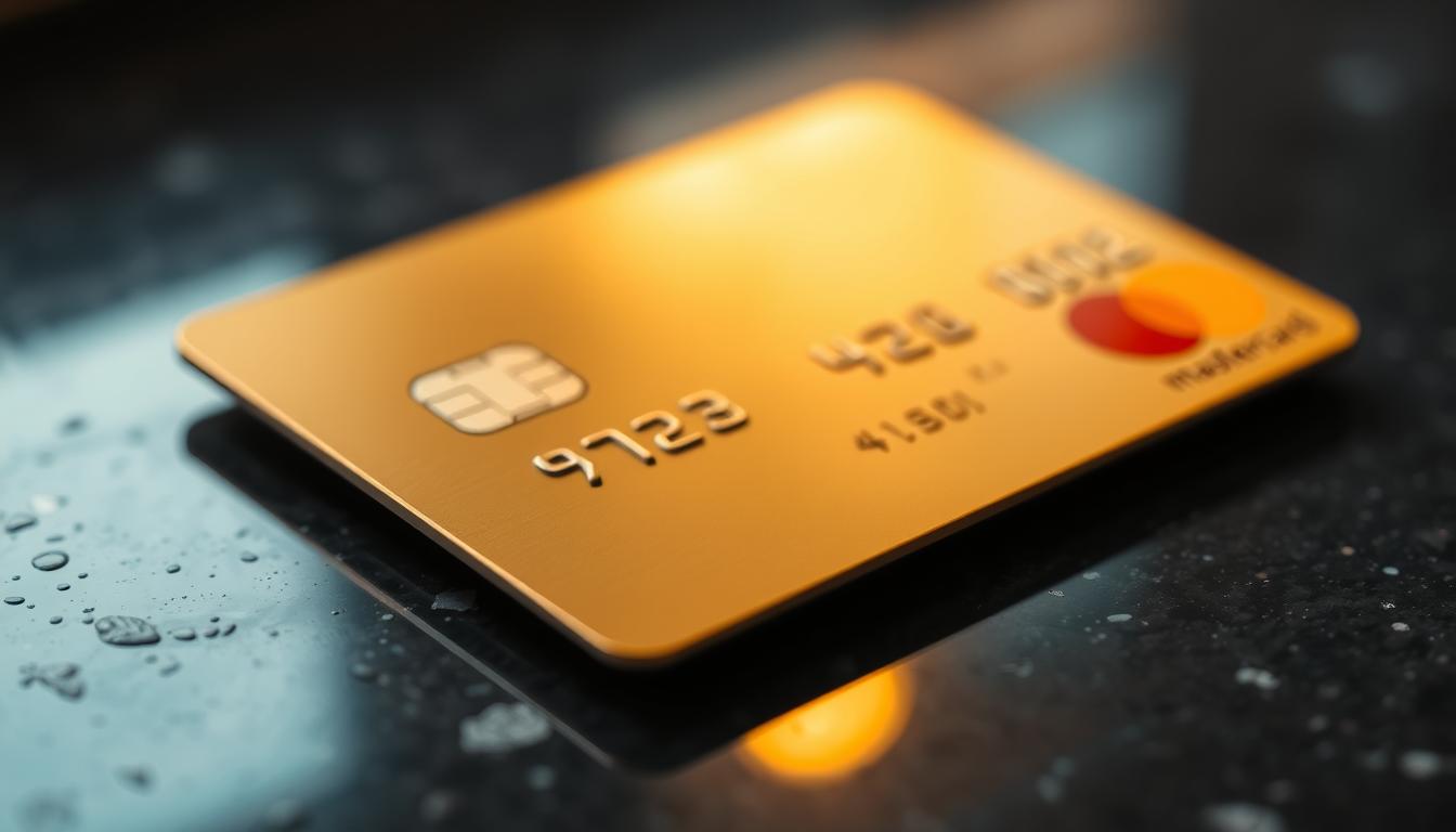 A sleek, metallic Mastercard Gold credit card, backlit with a warm amber glow, lies on a surface of dark, polished granite. The card's surface reflects the light, creating a sense of depth and luminance. The card's edges are crisp and defined, hinting at the premium quality of the material. The background is blurred, creating a soft, elegant bokeh effect that draws the viewer's attention to the card itself. The overall composition conveys a sense of luxury, sophistication, and exclusivity, fitting for the "Mastercard Gold" product.