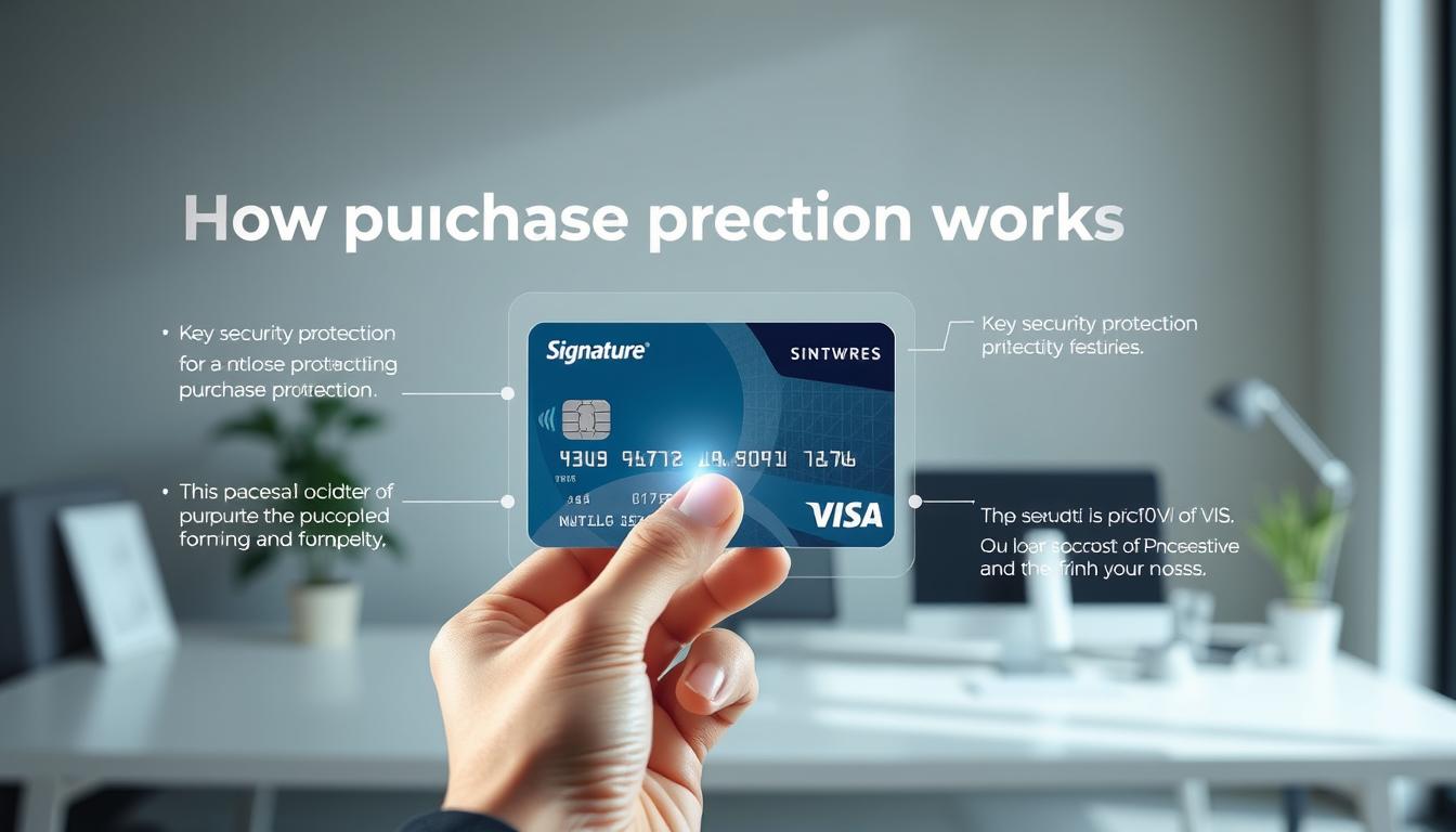 A high-quality, photorealistic image depicting the concept of "how purchase protection works". Set in a modern, minimalist office environment, the image shows a person's hand holding a Visa Signature credit card, with a transparent digital overlay highlighting the key security features and functions of the purchase protection benefit. The scene is illuminated by soft, directional lighting, creating depth and emphasizing the card's details. The background features a blurred, out-of-focus workspace, subtly suggesting the card's real-world application. The overall mood is one of confidence, security, and attention to detail.