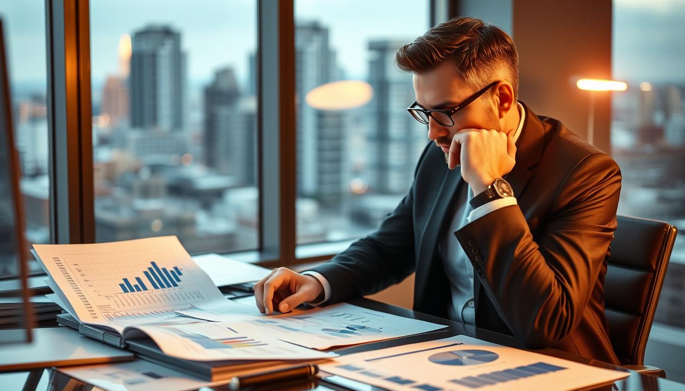 A professional business consultant sits at a desk, deep in thought, surrounded by charts, graphs, and financial reports. The lighting is warm and focused, creating a contemplative atmosphere. The consultant's expression is one of deep concentration, as they carefully consider the best strategic advice to provide their client. In the background, a cityscape can be seen through the window, hinting at the broader business landscape. The scene conveys the importance of thoughtful, tailored guidance from an experienced advisor in achieving successful business outcomes.