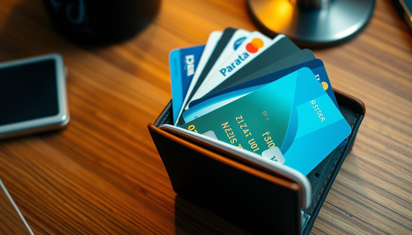 A high-angle view of an open wallet displaying various credit cards, positioned on a wooden desk. The wallet is well-lit, with a warm, inviting ambiance. The credit cards are crisp and detailed, showcasing their designs, logos, and key features. The background is slightly blurred, drawing the viewer's attention to the wallet and its contents. The overall composition conveys a sense of careful consideration and thoughtful selection when choosing the most advantageous credit card option in Latvia.