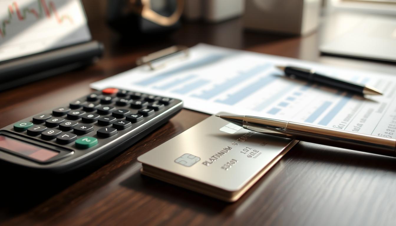 A well-organized office desk with a platinum credit card, a pen, and a financial calculator neatly arranged. Soft natural lighting illuminates the scene, creating a calm and professional atmosphere. In the background, a blurred financial chart or graph hints at the responsible management of credit card finances. The image conveys a sense of financial discipline, attention to detail, and a thoughtful approach to credit card usage.