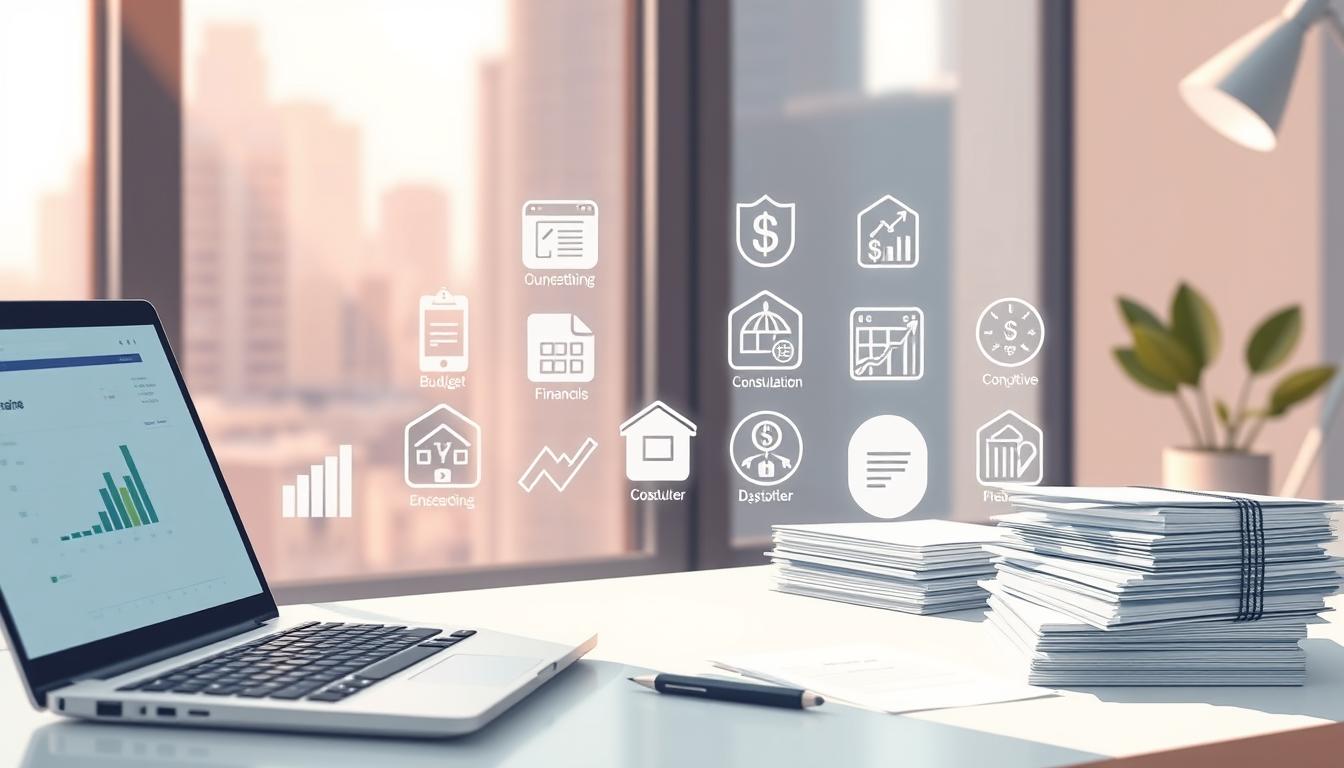 A meticulously crafted illustration of financial management tools and resources, captured in a warm, minimalist aesthetic. In the foreground, a sleek desktop setup featuring a laptop, calculator, and carefully organized stacks of documents. The middle ground showcases various icons and graphics representing budgeting software, debt consolidation services, and personal finance applications. In the background, a softly blurred cityscape provides a sense of context, suggesting the integration of these resources into everyday life. Gentle natural lighting emanates from an unseen window, casting a subtle glow over the scene and creating an atmosphere of productivity and focus. The overall composition conveys a sense of control, organization, and the empowerment that comes with effectively managing one's financial obligations.