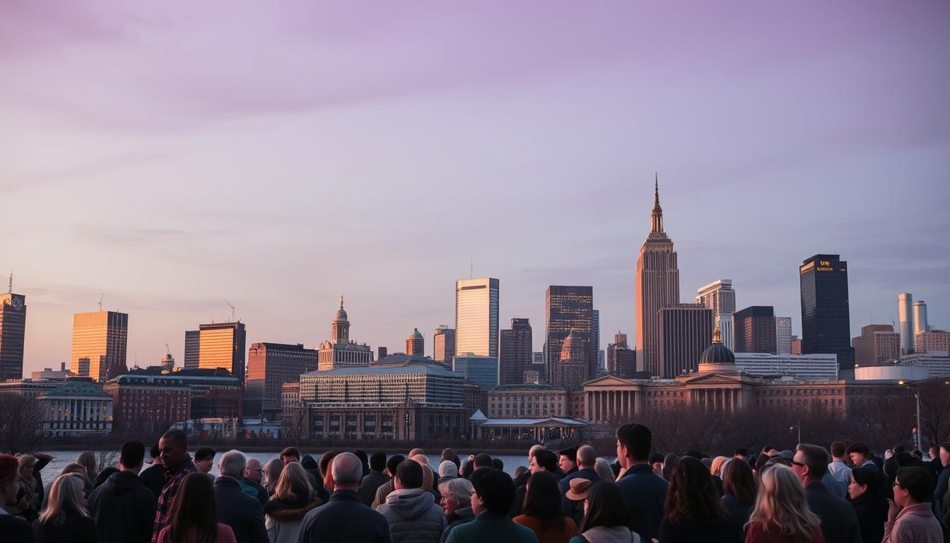 A bustling city skyline at dusk, with a warm, golden-hued glow casting a soft light across the urban landscape. In the foreground, a diverse group of people, from all walks of life, gather in a public square, engaged in thoughtful discussion and debate. The scene evokes a sense of community, social cohesion, and the collective effort to shape the city's policies and address the needs of its citizens. In the background, the silhouettes of government buildings and civic institutions stand as symbols of the complex interplay between the people and their representatives. The overall atmosphere conveys a sense of civic engagement, social consciousness, and the pursuit of equitable, sustainable policies that serve the common good.