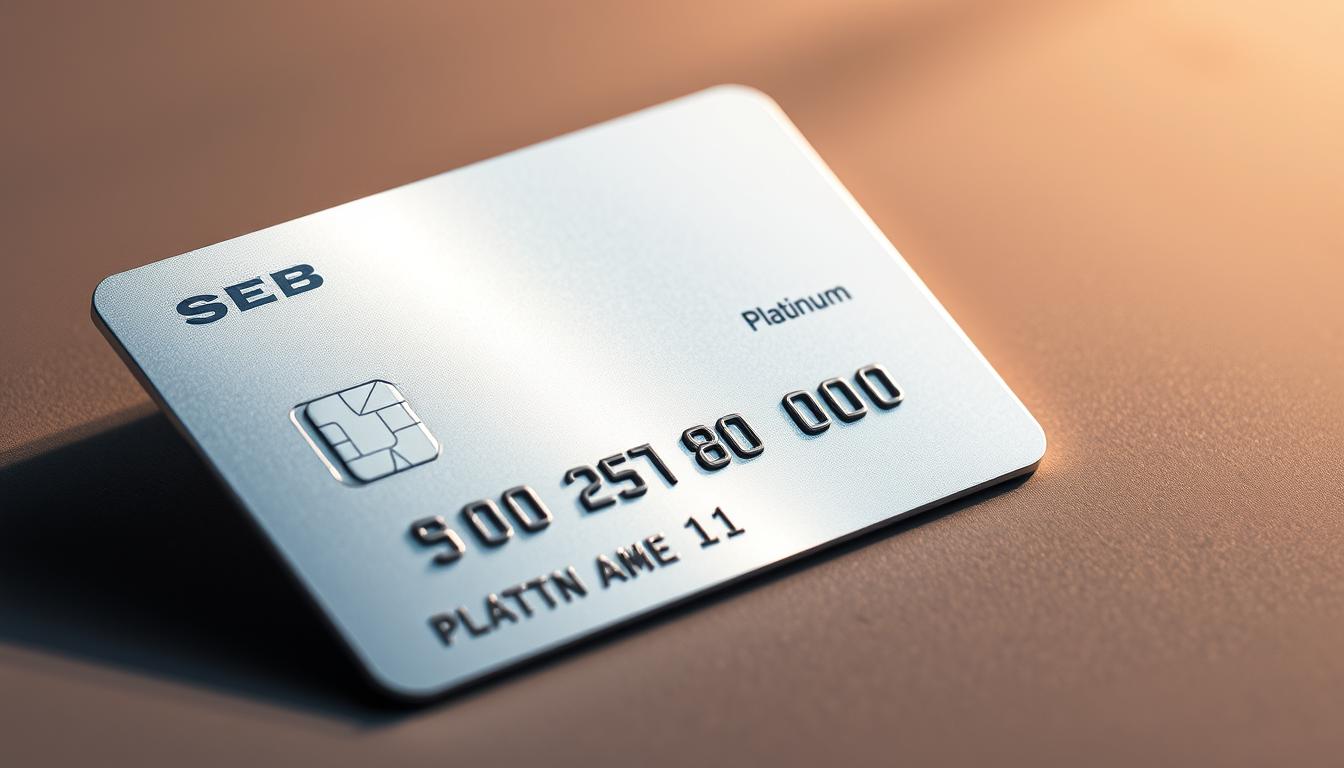 A shimmering silver Mastercard Platinum card, its surface reflecting the light with a sleek, metallic finish. The card is laid against a backdrop of soft, muted grays and blues, creating a sense of sophistication and elegance. The card is angled slightly, revealing its intricate details and design elements, including the SEB logo and the Platinum designation. The lighting is warm and subtle, creating a sense of depth and dimension. The overall composition is balanced and visually striking, capturing the essence of the SEB Mastercard Platinum and its premium features.