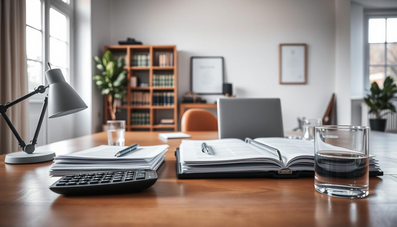 A wide-angle shot of a modern office interior, with natural light streaming in through large windows. In the foreground, a wooden desk adorned with a neat stack of documents, a laptop, and a stylized lamp. On the desk, a calculator, a pen, and a glass of water, all arranged with precision. In the middle ground, a bookshelf filled with legal volumes and a framed diploma on the wall, conveying a sense of professionalism and expertise. The background features a potted plant and a minimalist, Scandinavian-inspired decor, creating a calm and focused atmosphere. The lighting is soft and diffused, highlighting the details and textures of the scene. The overall mood is one of efficiency, organization, and attention to detail, reflecting the subject of "BSU skatt" and the section title "Skatt og regelverk som påvirker BSU".
