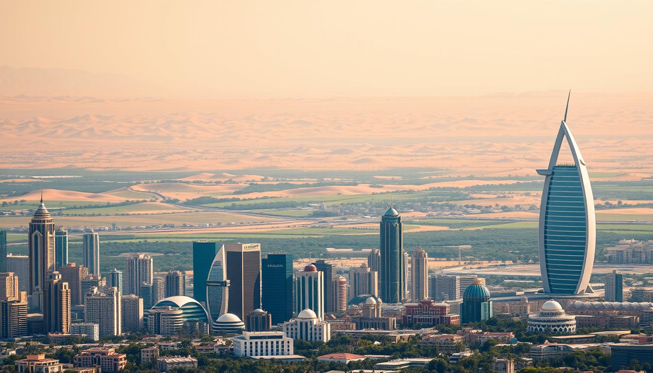 A panoramic landscape depicting the economic policies of Saudi Arabia and the United Arab Emirates. In the foreground, a bustling city skyline with towering skyscrapers and modern architecture, reflecting the rapid economic growth and development. In the middle ground, rolling hills and lush greenery, symbolizing the shift towards sustainable practices and environmental conservation. In the background, a vast desert landscape, a nod to the region's traditional reliance on natural resources. The scene is bathed in warm, golden light, creating an air of prosperity and optimism. The composition conveys a sense of balance between the old and the new, the traditional and the modern, as the nations navigate the complexities of their economic policies.
