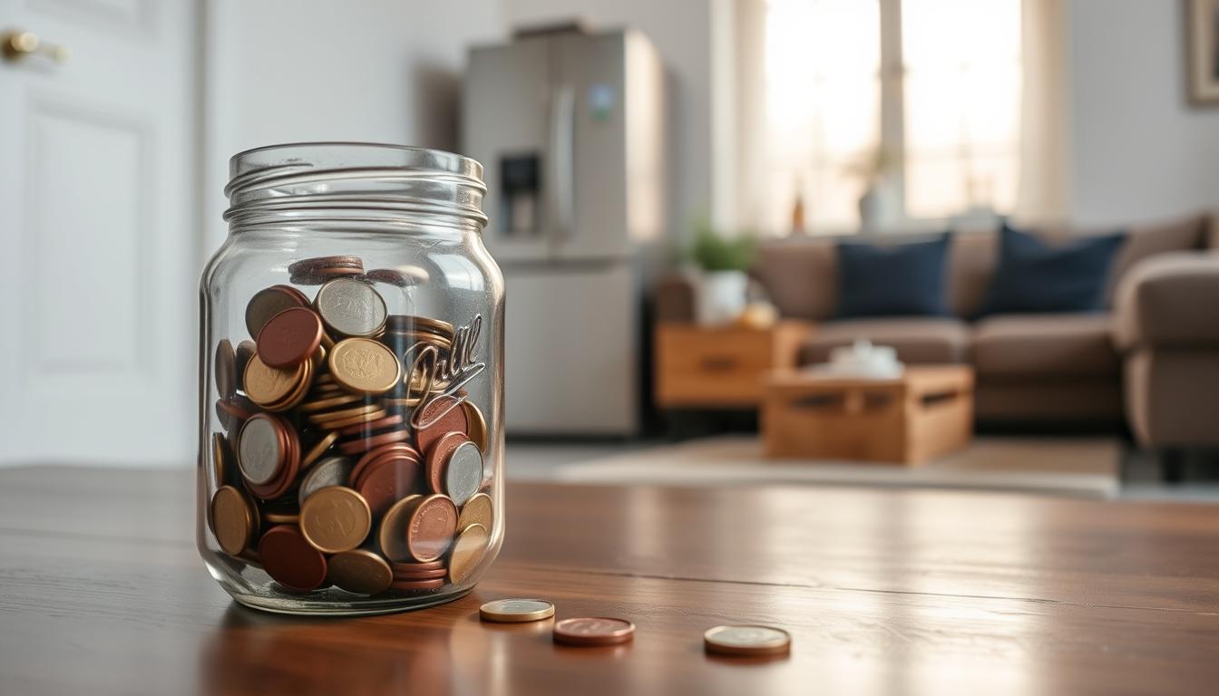 A tranquil scene of everyday savings in the Czech Republic in 2025. In the foreground, a glass jar filled with colorful coins, symbolizing the accumulation of small everyday savings. The middle ground features a modern Czech household appliance, perhaps a sleek and energy-efficient refrigerator, conveying the idea of making sustainable choices to reduce utility bills. The background depicts a cozy Czech living room, with natural light streaming through a window, highlighting the comfort and contentment that comes from responsible financial management. The overall mood is one of quiet satisfaction and a sense of financial security, achieved through mindful and practical everyday decisions.