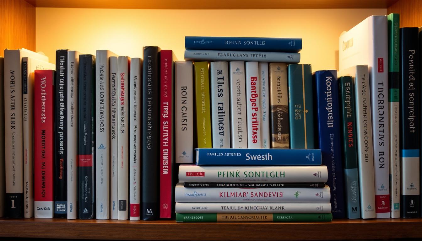 A neatly organized bookshelf filled with Swedish investment books, their spines showcasing a range of titles and topics. The lighting is warm and inviting, creating a cozy and scholarly atmosphere. The books are positioned in a visually appealing arrangement, with some standing upright and others stacked horizontally, creating depth and visual interest. The bookshelf is situated against a neutral background, allowing the books to be the primary focus. The overall composition conveys a sense of knowledge, diligence, and the tools necessary for successful investing.