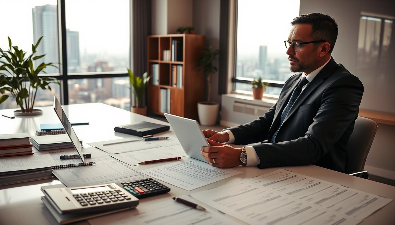A clean, modern office interior with a large desk showcasing various financial documents, calculators, and a laptop. In the foreground, a person in a suit is reviewing loan repayment options on the screen, their expression focused and contemplative. The background features a bookshelf, potted plants, and a window overlooking the cityscape of Johannesburg, South Africa, bathed in warm, natural lighting. The overall atmosphere conveys professionalism, attention to detail, and a sense of financial responsibility.