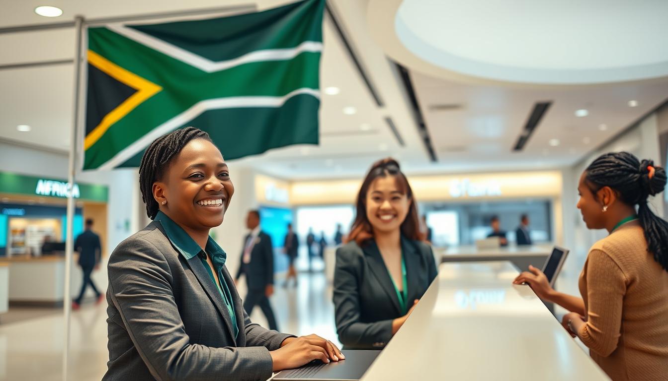 A modern, well-lit bank interior with a South African flag prominently displayed. In the foreground, a bank customer service representative, dressed in professional attire, smiling and assisting a customer at a counter. The customer appears satisfied and engaged. The middle ground features other customers moving through the space, creating a sense of activity and efficiency. The background showcases the bank's branding, with clean lines, neutral colors, and a welcoming ambiance. The lighting is balanced, creating a warm and inviting atmosphere. The overall scene conveys a positive and professional customer service experience.