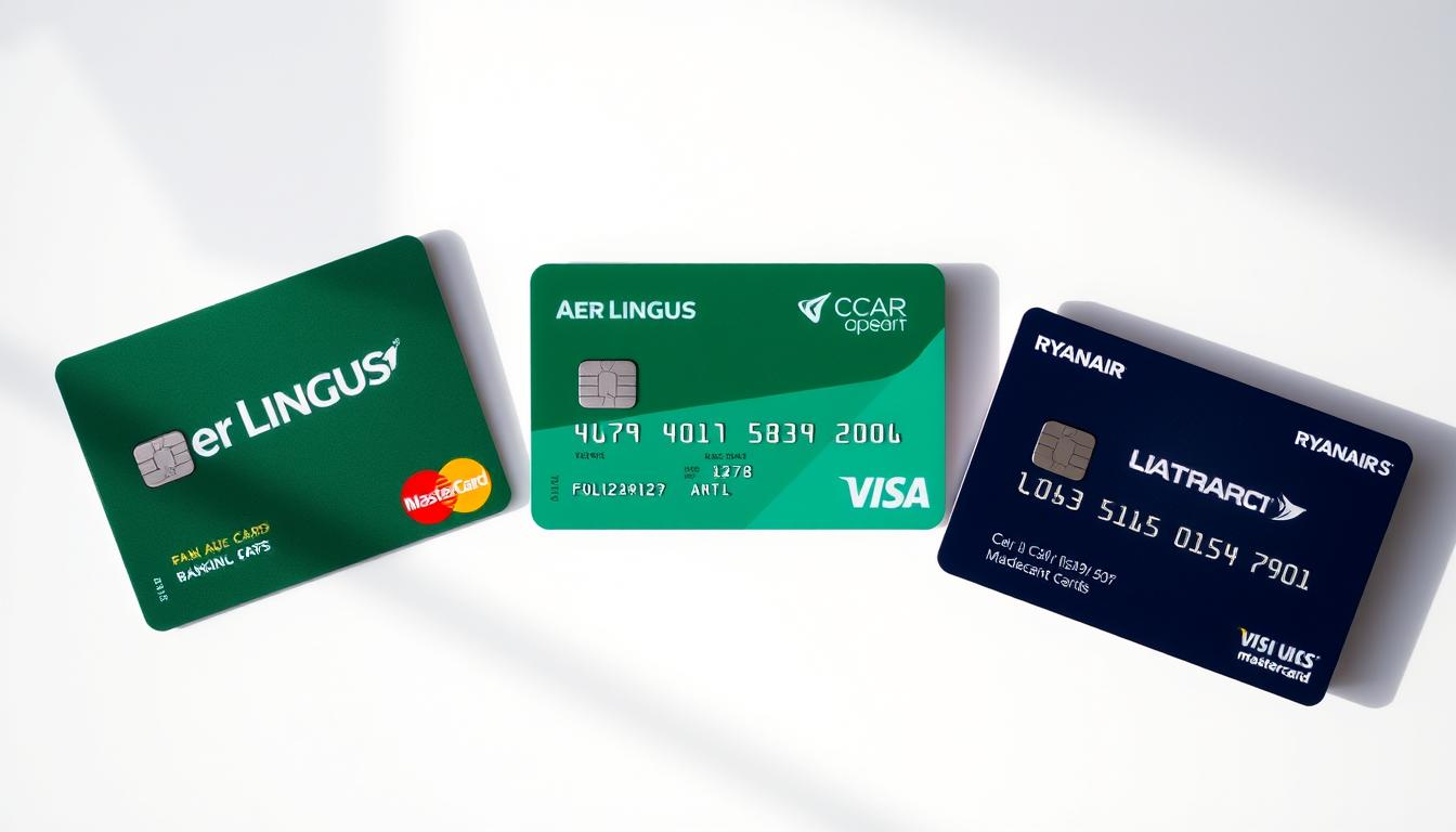 A clean, well-lit table top scene depicting three distinct credit cards from leading Irish airlines - the Bank of Ireland Aer Lingus Card, the Ryanair Cash Passport, and the Aer Lingus Mastercard. The cards are arranged in a side-by-side comparative layout, with the Aer Lingus Card prominently featured in the center. The cards are photographed at a slight angle, casting soft shadows that add depth and dimension. The background is a simple, uncluttered white or light gray, allowing the cards to be the focal point. The overall aesthetic is sleek, professional, and inviting, designed to highlight the key features and benefits of each airline-linked credit card option for the reader.