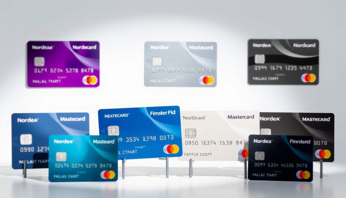 A high-resolution, photorealistic image of various credit and debit cards commonly used in Estonia, including the Nordea Mastercard Finnair Plus card, displayed against a clean, minimalist background. The cards are arranged in a visually appealing, symmetrical layout, with the Nordea card prominently featured in the center. The lighting is soft and diffuse, creating a sense of depth and highlighting the texture and design of each card. The overall composition conveys a sense of comparison and evaluation, reflecting the article's subject matter of comparing travel rewards cards available in Estonia.