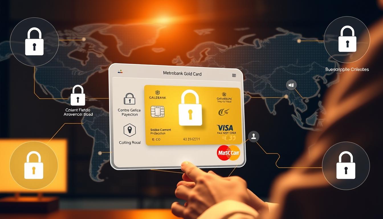 A detailed scene showcasing the Metrobank Gold Card protection in action. The foreground features a person using their card to make a purchase online, with a floating window highlighting the various security features and benefits of the card. The middle ground depicts a secure, encrypted payment gateway, with padlock icons and other data protection symbols. The background showcases a world map, indicating the global reach and coverage of the Metrobank Gold Card's protection. Warm lighting casts a sense of reliability and trustworthiness, with a clean, modern aesthetic throughout. The composition emphasizes the seamless integration of security and convenience for the cardholder.