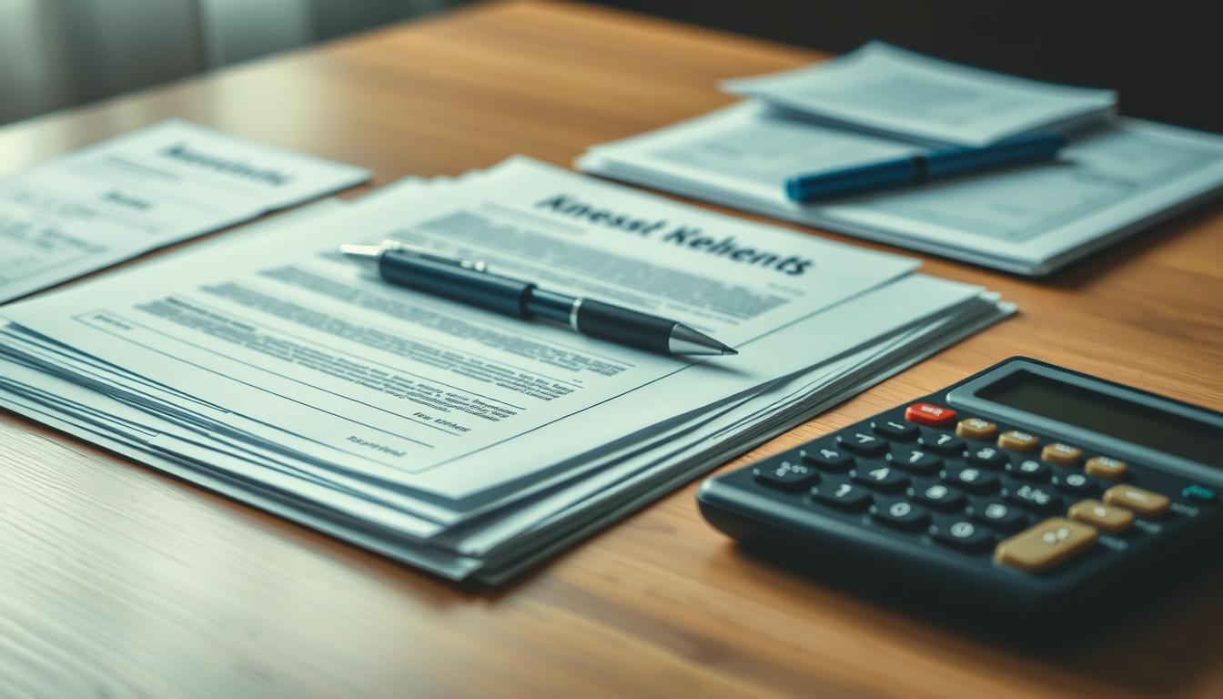 Paperwork for credit: a high-resolution image showcasing a meticulously organized desktop with a stack of documents, a pen, and a calculator. The documents are neatly arranged, conveying a sense of precision and attention to detail. The lighting is soft and warm, creating a professional and inviting atmosphere. The camera angle is slightly elevated, allowing the viewer to observe the scene from an authoritative perspective, emphasizing the importance of the subject matter. The overall mood is one of diligence, responsibility, and the pursuit of financial stability.