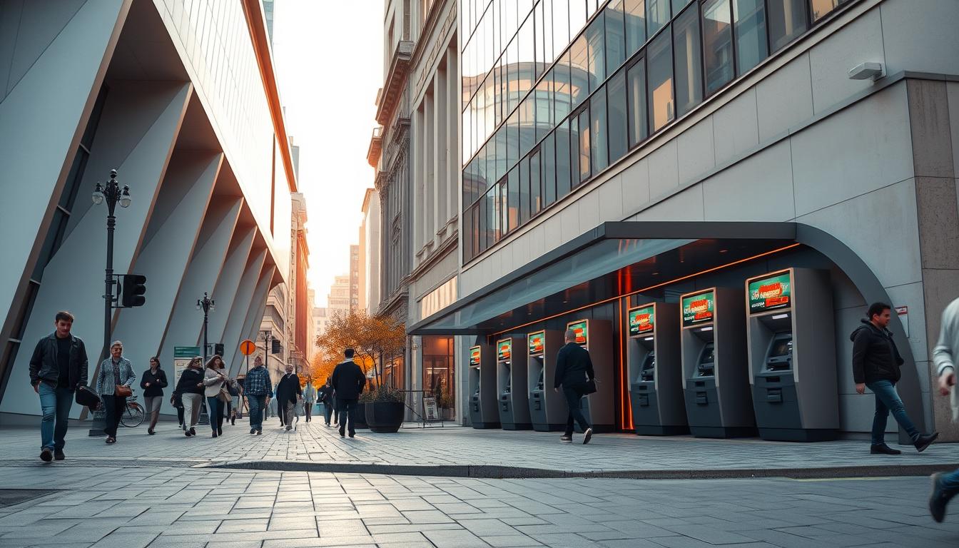 A bustling urban scene in the heart of Prague, capturing the vibrant atmosphere of the city's cash withdrawal hubs. A modern, minimalist cityscape with sleek architectural elements in the foreground, leading the eye towards a series of ATM kiosks nestled discreetly along the sidewalk. The surroundings are bathed in warm, natural lighting, creating a welcoming and accessible ambiance. Pedestrians casually pass by, going about their day, while the ATM kiosks stand ready to serve the local community's financial needs without additional fees. The overall composition conveys a sense of convenience, accessibility, and a user-friendly experience for those seeking fee-free cash withdrawals in the diverse neighborhoods of Prague.