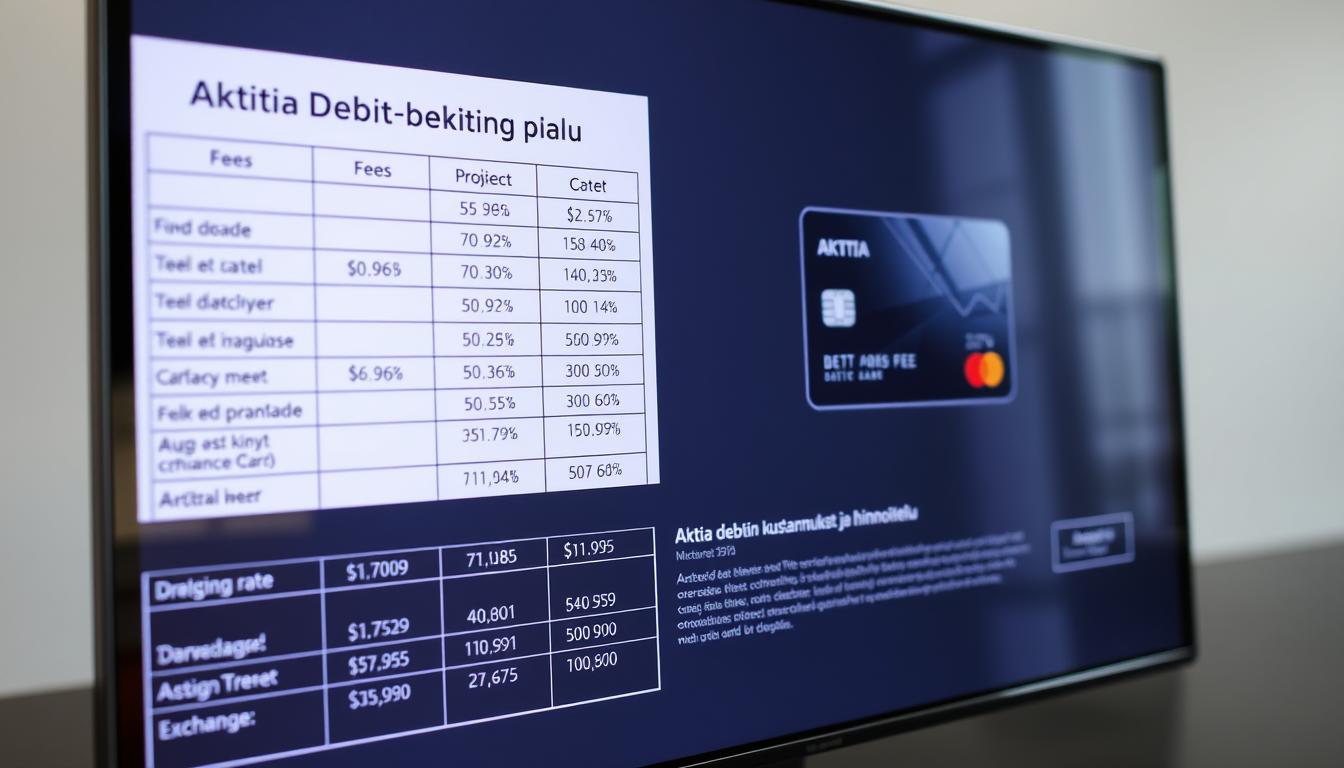 A detailed breakdown of Aktia Debit card costs and pricing, showcased on a sleek, modern display with clean lines and a minimalist aesthetic. The foreground features a neatly organized table outlining various fees, charges, and exchange rates, presented in a clear, easy-to-read format. The middle ground showcases the Aktia Debit card itself, captured in high detail with precise lighting and angles to highlight its design elements. The background maintains a neutral, slightly blurred palette, allowing the key information to take center stage. The overall mood is professional, informative, and visually appealing, perfectly suited to illustrate the "Aktia Debit-kortin kustannukset ja hinnoittelu" section of the article.