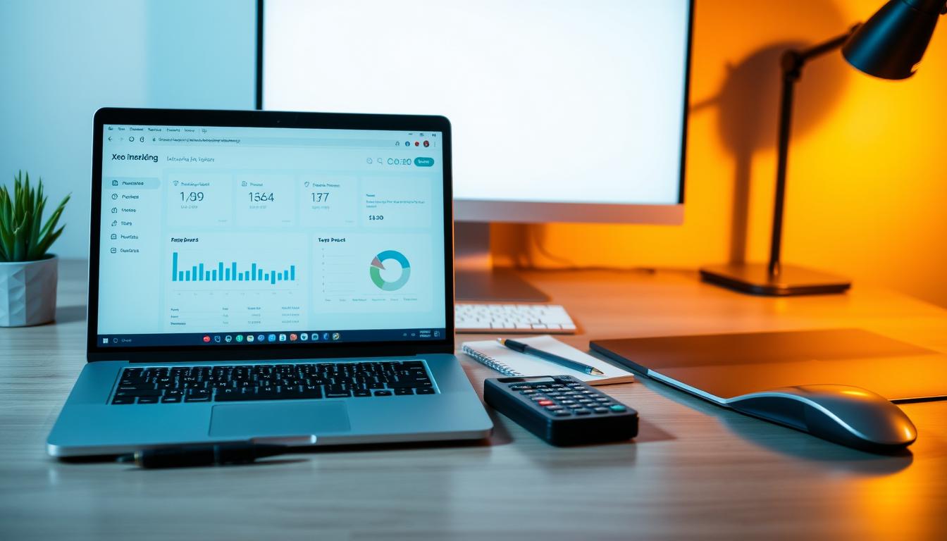 Xero integration Options Two: a clean, modern desktop interface showcasing seamless accounting software integration. In the foreground, a laptop screen displays Xero's intuitive dashboard, its icons and graphs conveying financial data at a glance. In the middle ground, neatly arranged office supplies - a pen, notebook, and calculator - reinforce the productivity theme. The background features a minimalist workspace, with a sleek monitor, keyboard, and mouse creating a cohesive, technology-driven atmosphere. Warm, directional lighting casts subtle shadows, emphasizing the streamlined, professional aesthetic. The overall scene exudes efficiency, organization, and the power of integrated financial tools.