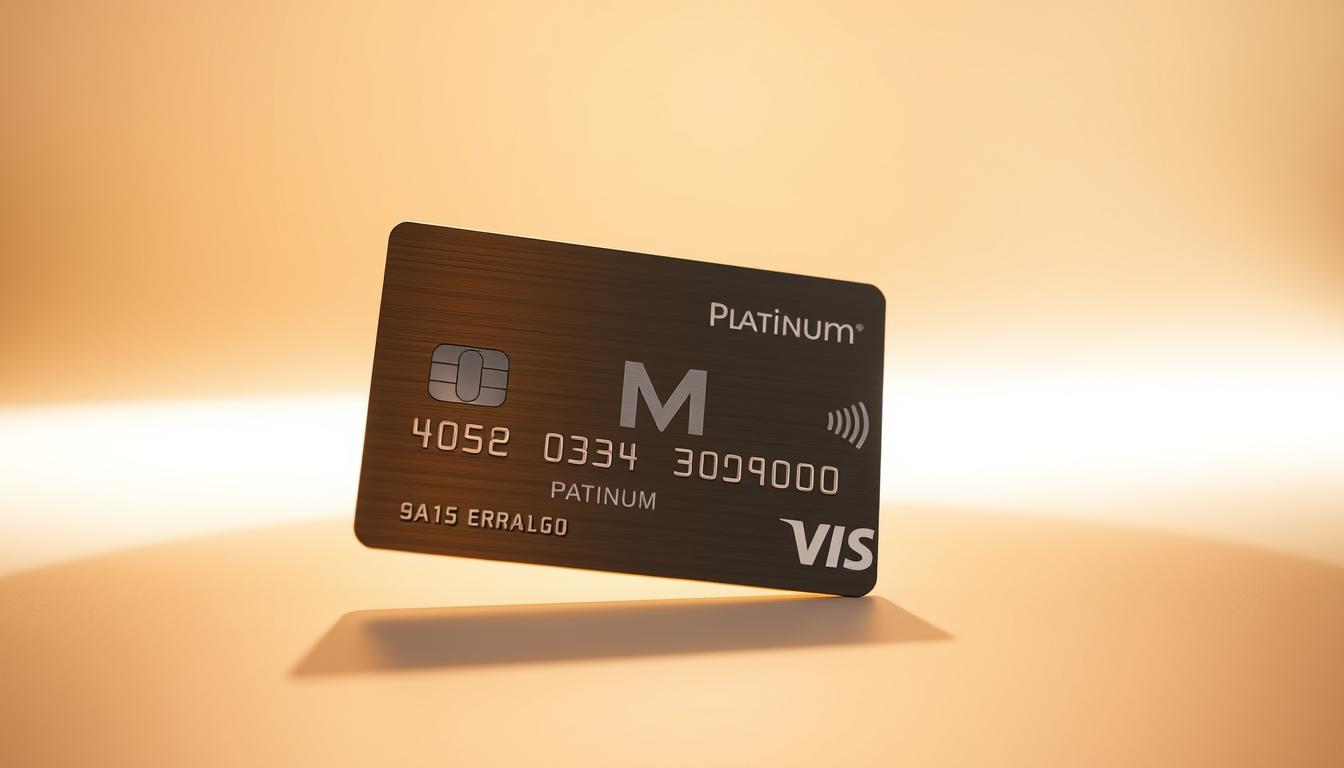 A sleek and modern credit card with the iconic M VISA Platinum logo, set against a clean, minimalist backdrop. Backlit by warm, golden lighting, casting a subtle glow on the card's metallic surface. The card is placed at a dynamic angle, showcasing its elegant design and premium feel. The composition is balanced, with the card taking up the majority of the frame, surrounded by ample negative space to create a sense of sophistication and luxury. The overall mood is one of refinement, inviting the viewer to imagine the exclusive benefits and privileges associated with this prestigious financial product.