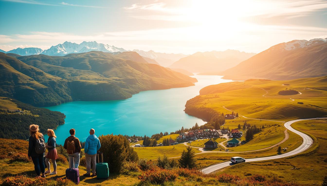 A sun-drenched landscape of rolling hills and winding roads, with the vibrant blue waters of a Nordic fjord in the distance. In the foreground, a group of travelers admire the scenery, their suitcases and backpacks suggesting a journey. The middle ground features a quaint village, its traditional wooden buildings and colorful roofs nestled among the lush greenery. In the background, majestic snow-capped mountains rise, their peaks shrouded in wispy clouds. The scene is bathed in a warm, golden light, conveying a sense of tranquility and adventure. Lens: wide-angle, Lighting: natural daylight, Mood: serene exploration.