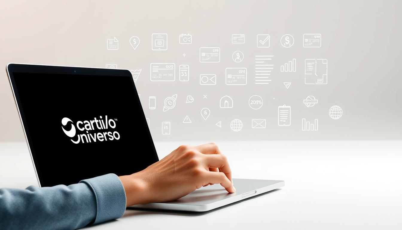 A modern and minimalist illustration showcasing the process of applying for a Cartão Universo credit card. In the foreground, a person's hands fill out an online application form on a sleek laptop or mobile device, with the Cartão Universo logo prominently displayed. The middle ground depicts an array of credit card icons, wireframe designs, and subtle financial data visualizations, hinting at the card's benefits and features. The background is a soft, gradient-based environment, creating a sense of professionalism and digital simplicity. The overall composition conveys the ease and convenience of the application process for this financial product.