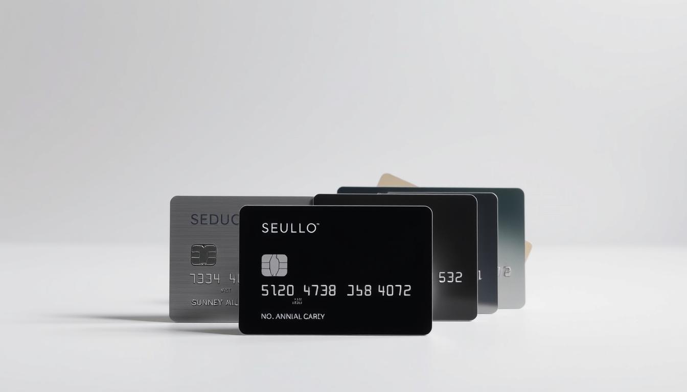 A sleek and modern composition showcasing a selection of no-annual-fee credit cards against a clean, minimalist background. Crisp lighting accentuates the cards' metallic finishes and reflects off their surfaces, creating a sense of sophistication. The cards are arranged in a dynamic, asymmetrical layout, drawing the viewer's eye across the frame. The overall mood is one of simplicity, elegance, and financial savvy, perfectly capturing the essence of the "Best low-fee and no-annual-fee credit cards" section.