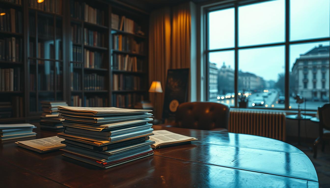 A dimly lit office interior, with a well-worn wooden desk and a large bookshelf lining the walls. Soft, warm lighting casts a cozy glow over stacks of documents and legal texts on the desk, hinting at the complexities of Romanian fiscal legislation. In the background, a large window overlooks the bustling streets of a Romanian city, a subtle reminder of the real-world impact of these policies. The scene conveys a sense of serious professionalism and attention to detail, reflecting the importance of understanding the legal and financial aspects of investment in the Romanian economy.