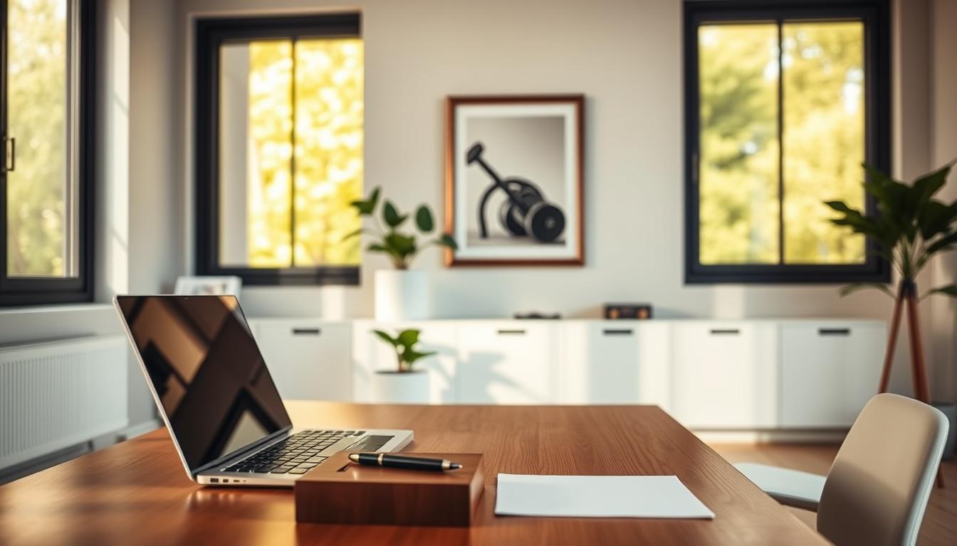 A well-organized office space with a modern minimalist aesthetic. In the foreground, a sleek wooden desk with a laptop, pen, and a stylish desk organizer. The middle ground features a potted plant and a framed artwork on the wall, creating a sense of balance and tranquility. The background showcases large windows allowing natural light to flood the room, illuminating the space with a warm, inviting glow. The overall mood is one of efficiency, organization, and responsible financial management, reflecting the themes of the article's section on extending financial stability.