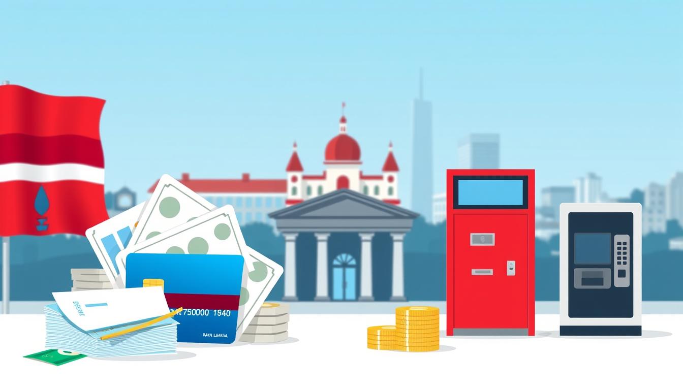 A modern, stylized illustration depicting the financial services and banking solutions available for businesses in Latvia. The foreground features various bank cards, currency, and financial documents against a backdrop of the Latvian flag and the Riga skyline. The middle ground showcases sleek, minimalist bank branches and ATMs, conveying a sense of professionalism and reliability. The background is a subtly blurred cityscape, hinting at the broader economic landscape. The overall mood is one of efficiency, security, and growth, reflecting the vibrant business banking ecosystem in Latvia.