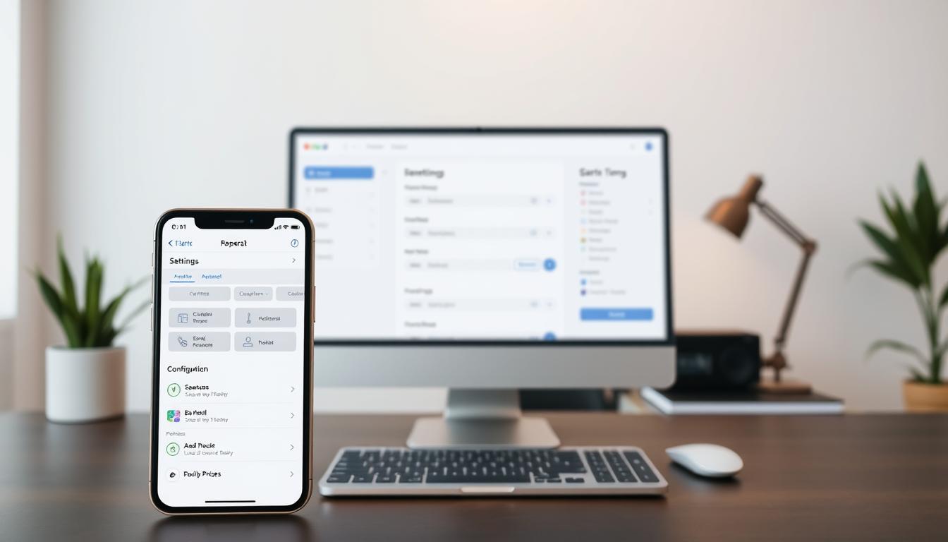 A modern, well-designed financial application interface, with a clean and intuitive layout. The foreground features a smartphone or tablet display, showcasing the app's key features and settings menus. The middle ground includes a laptop or desktop computer, with the application's configuration options and options panels visible. The background depicts a minimalist office or workspace setting, with neutral-toned walls, a desk, and subtle lighting to create a calm, professional atmosphere. The overall mood is one of efficiency, control, and a sense of financial empowerment for the user.