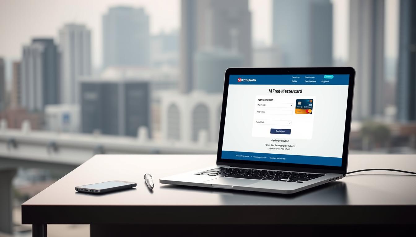 A modern, minimalist desktop setup showcasing the process of applying for a Metrobank M Free Mastercard online. In the foreground, a laptop displays the Metrobank website's credit card application page, with clean, intuitive UI design. On the desk, a smartphone and pen lie nearby, suggesting the seamless digital experience. Soft, diffused lighting illuminates the scene, creating a professional and trustworthy ambiance. The background features a blurred cityscape, hinting at the convenience of managing finances on-the-go. The overall composition conveys a sense of efficiency and simplicity, reflecting the ideal application process for a beginner-friendly credit card.