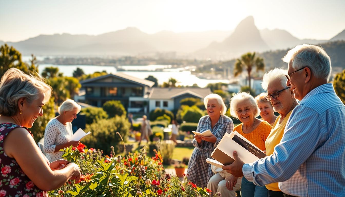 A vibrant and sun-drenched scene showcasing the benefits of a retirement annuity in South Africa. In the foreground, a happy, diverse group of retirees enjoying their golden years, engaged in activities like gardening, reading, and socializing. The middle ground features a modern, well-appointed retirement community with lush greenery and modern amenities. In the background, the iconic Table Mountain and the sparkling waters of Cape Town's harbor create a breathtaking natural backdrop. The lighting is warm and inviting, with a soft, golden glow casting a serene ambiance over the entire scene. The overall mood is one of contentment, financial security, and the enjoyment of a fulfilling retirement.